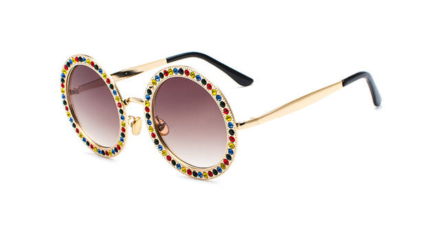 Big Round Sunglasses Women Brand Design Crystal Stone Metal Frame Sunglass Top Quality Retro Summer Sun glasses UV400 5204R