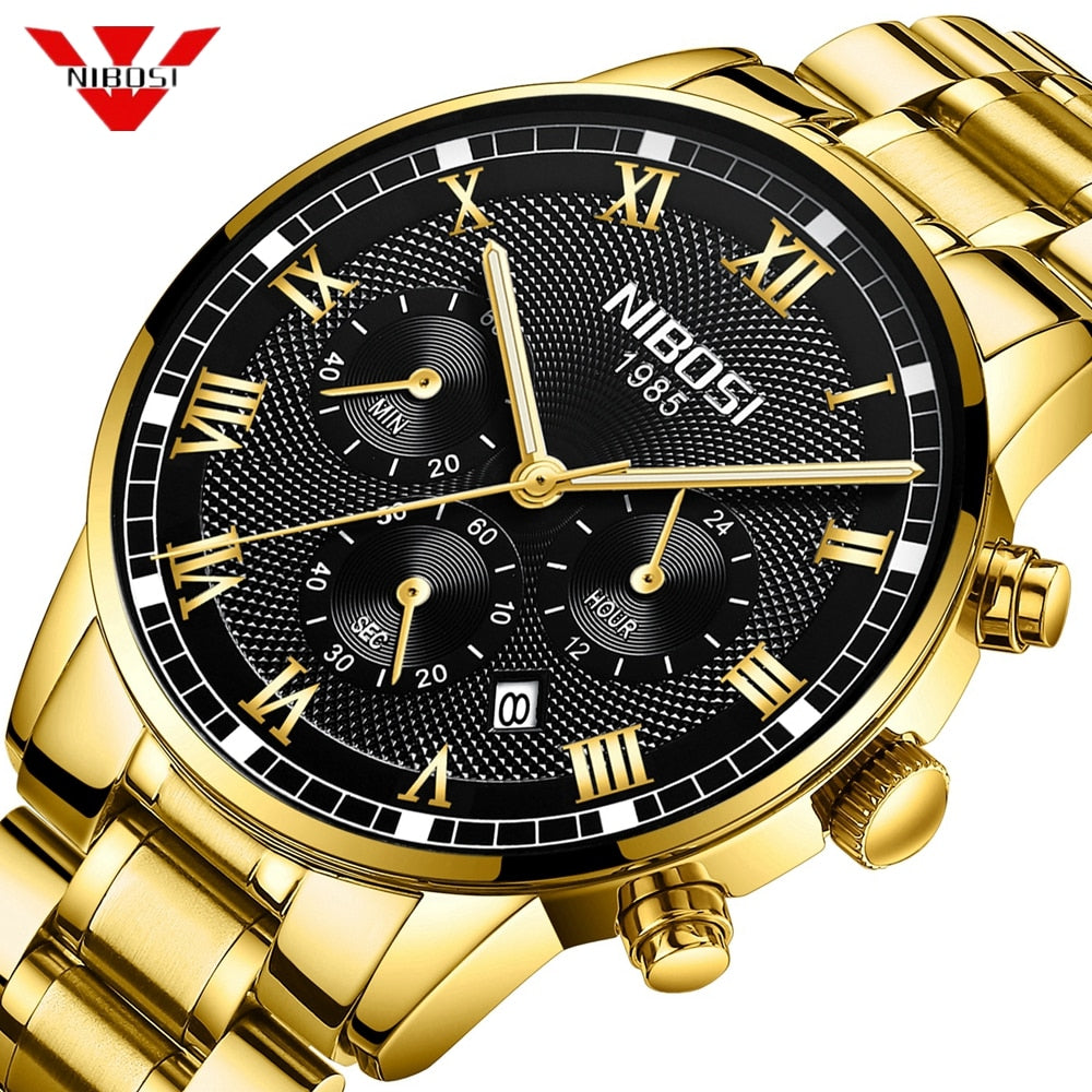 NIBOSI Top Luxury Brand Men Sports Watches Mens Full Steel Quartz Gold Clock Montre Man Waterproof Wrist Watch Relogio Masculino