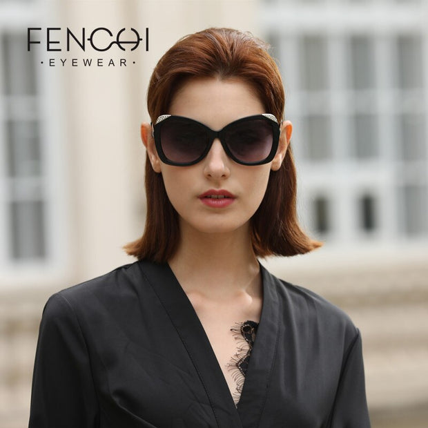 FENCHI Rhinestone Cat Eye Sunglasses Women Metal Diamonds Glasses Driving Mirror Fashion Design New High Quality zonnebril dames