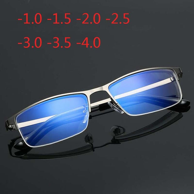 Men Alloy Myopia Glasses Square Half frame Anti-Blue-Light Non Spherical Layer Coated Lenses Eyeglasses -1.0 -1.5 -2.0 -3.0 -4.0