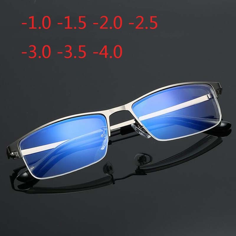 Men Alloy Myopia Glasses Square Half frame Anti-Blue-Light Non Spherical Layer Coated Lenses Eyeglasses -1.0 -1.5 -2.0 -3.0 -4.0