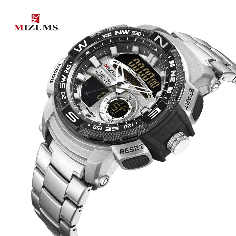 MIZUMS Military Wrist Watches LED Digital Sport Watch Men Gold Stainless Steel Band Dual Time Quartz Clock Man Relogio Masculino