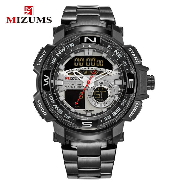 MIZUMS Military Wrist Watches LED Digital Sport Watch Men Gold Stainless Steel Band Dual Time Quartz Clock Man Relogio Masculino