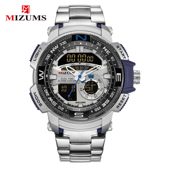 MIZUMS Military Wrist Watches LED Digital Sport Watch Men Gold Stainless Steel Band Dual Time Quartz Clock Man Relogio Masculino