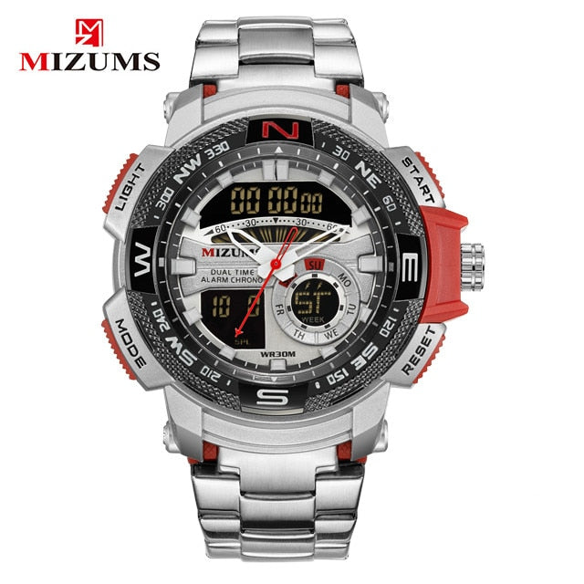 MIZUMS Military Wrist Watches LED Digital Sport Watch Men Gold Stainless Steel Band Dual Time Quartz Clock Man Relogio Masculino