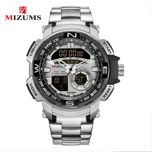 MIZUMS Military Wrist Watches LED Digital Sport Watch Men Gold Stainless Steel Band Dual Time Quartz Clock Man Relogio Masculino