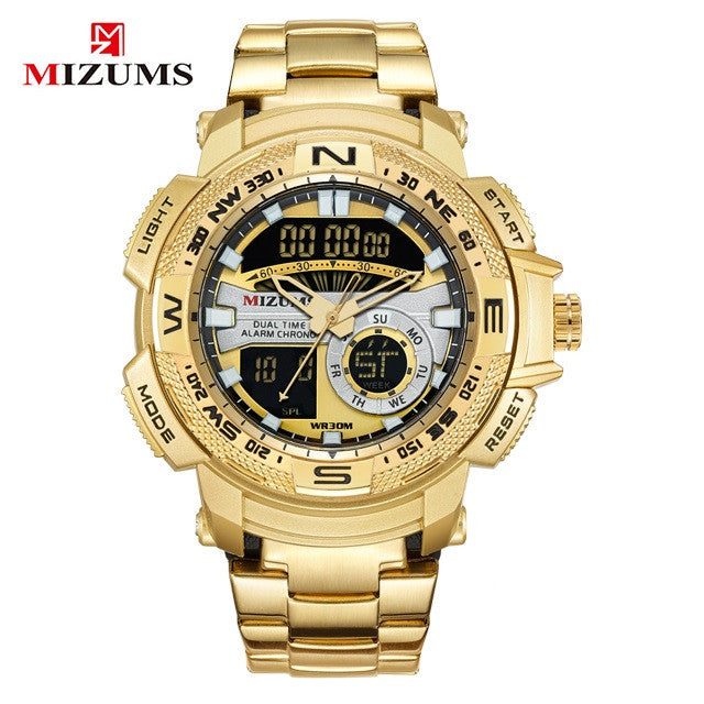 MIZUMS Military Wrist Watches LED Digital Sport Watch Men Gold Stainless Steel Band Dual Time Quartz Clock Man Relogio Masculino