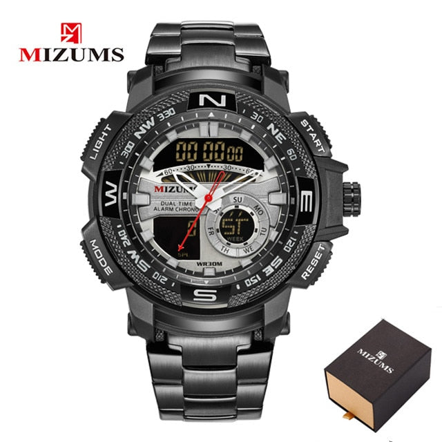 MIZUMS Military Wrist Watches LED Digital Sport Watch Men Gold Stainless Steel Band Dual Time Quartz Clock Man Relogio Masculino