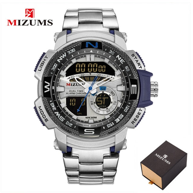 MIZUMS Military Wrist Watches LED Digital Sport Watch Men Gold Stainless Steel Band Dual Time Quartz Clock Man Relogio Masculino