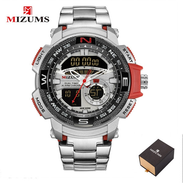 MIZUMS Military Wrist Watches LED Digital Sport Watch Men Gold Stainless Steel Band Dual Time Quartz Clock Man Relogio Masculino