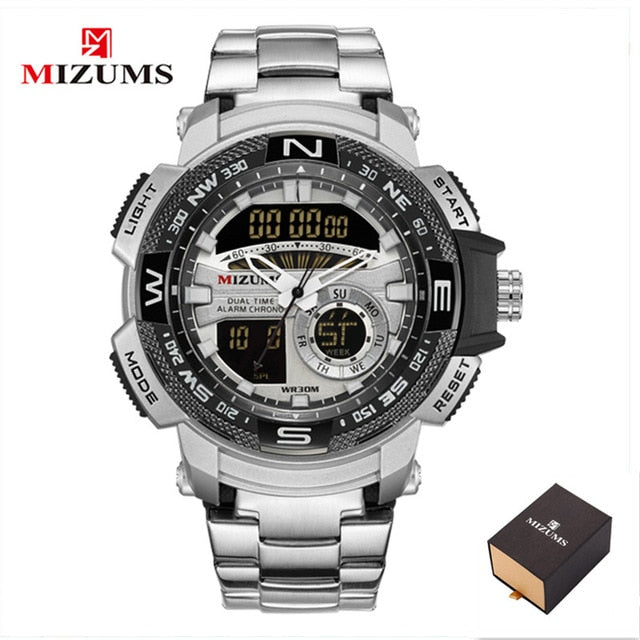 MIZUMS Military Wrist Watches LED Digital Sport Watch Men Gold Stainless Steel Band Dual Time Quartz Clock Man Relogio Masculino