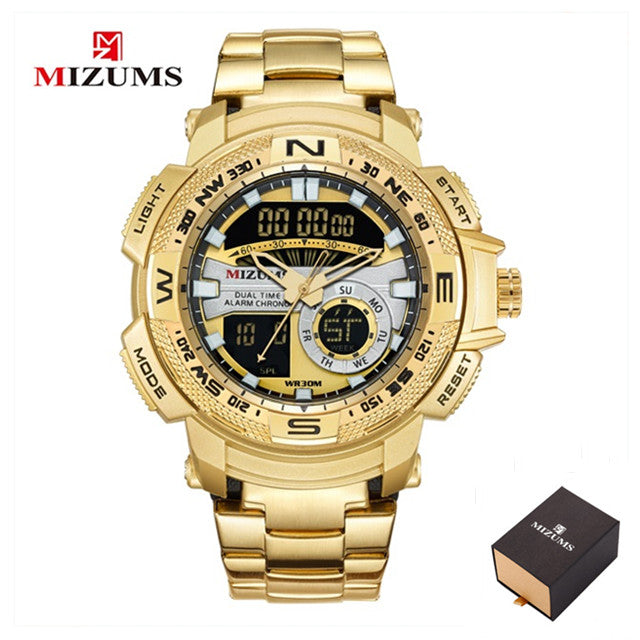 MIZUMS Military Wrist Watches LED Digital Sport Watch Men Gold Stainless Steel Band Dual Time Quartz Clock Man Relogio Masculino