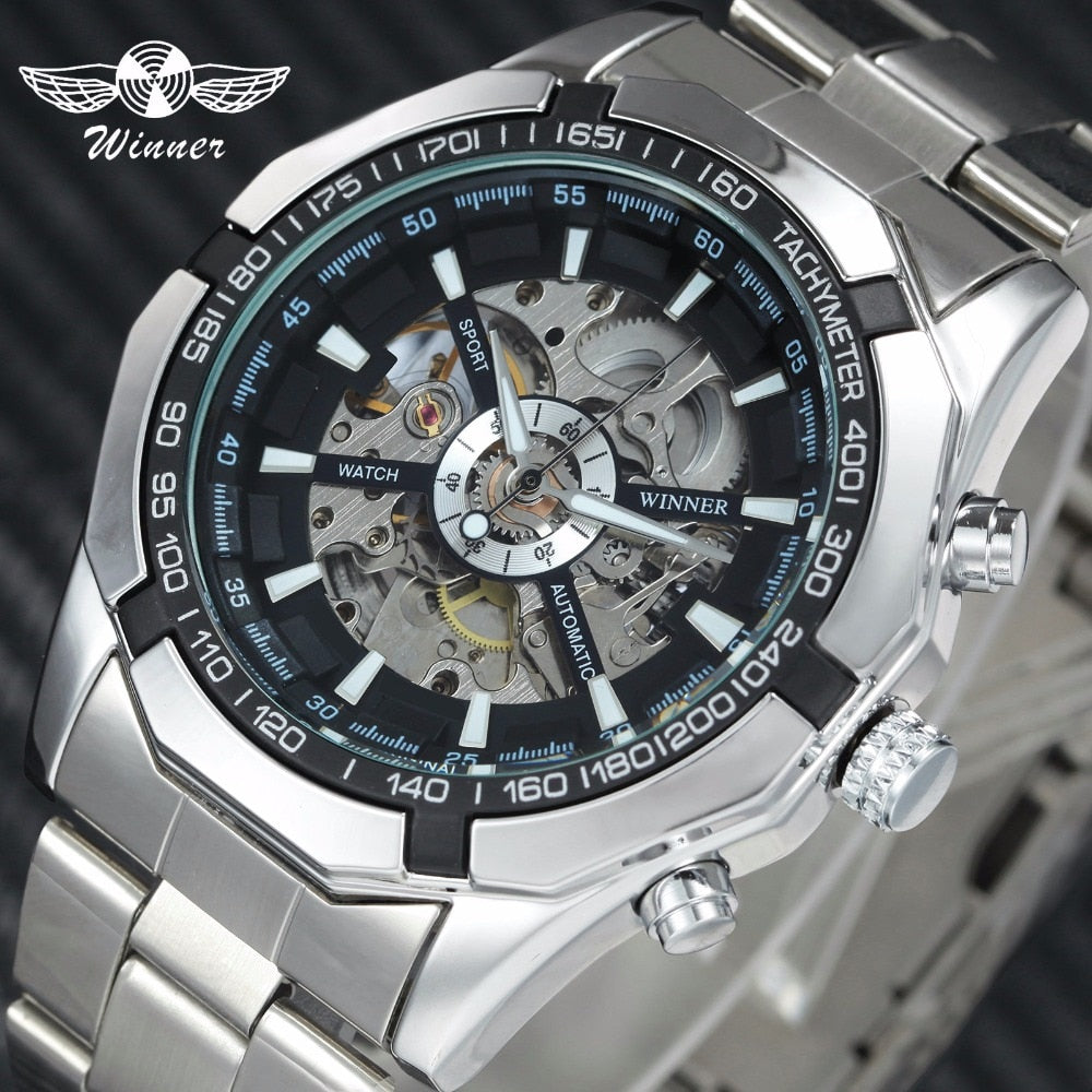 WINNER Official Classic Business Auto Mechanical Watch Men Stainless Steel Strap Golden Skeleton Mens Watches Top Brand Luxury