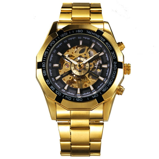 WINNER Official Classic Business Auto Mechanical Watch Men Stainless Steel Strap Golden Skeleton Mens Watches Top Brand Luxury