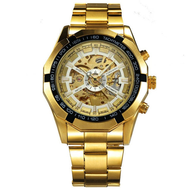 WINNER Official Classic Business Auto Mechanical Watch Men Stainless Steel Strap Golden Skeleton Mens Watches Top Brand Luxury