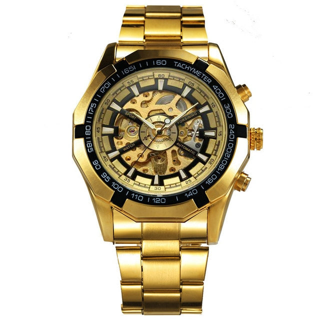 WINNER Official Classic Business Auto Mechanical Watch Men Stainless Steel Strap Golden Skeleton Mens Watches Top Brand Luxury