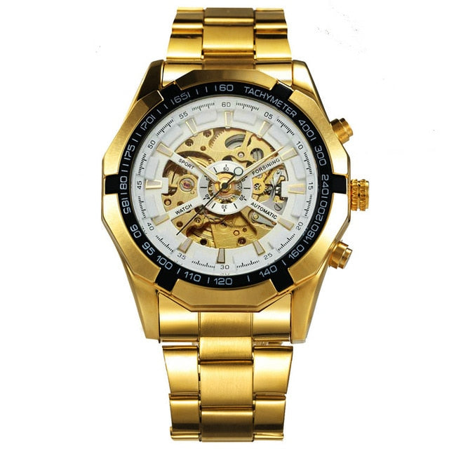 WINNER Official Classic Business Auto Mechanical Watch Men Stainless Steel Strap Golden Skeleton Mens Watches Top Brand Luxury