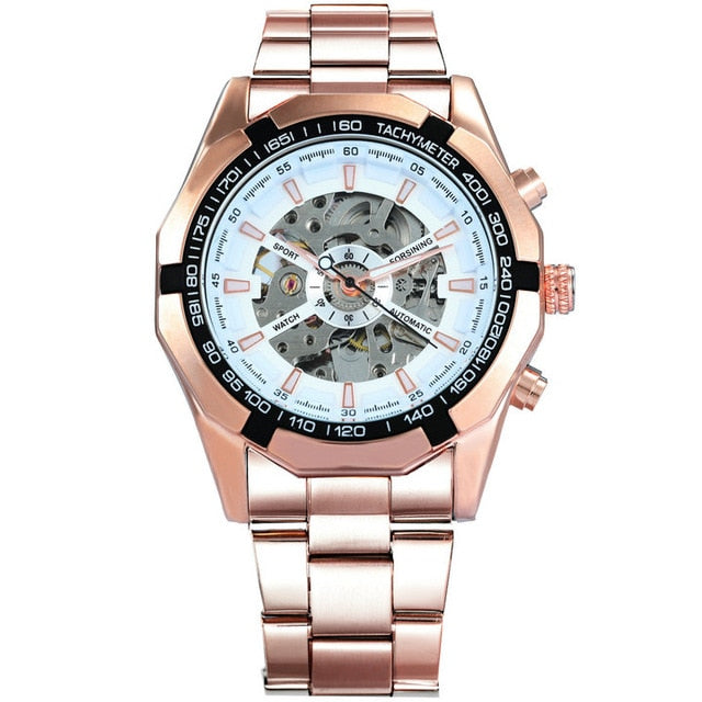 WINNER Official Classic Business Auto Mechanical Watch Men Stainless Steel Strap Golden Skeleton Mens Watches Top Brand Luxury