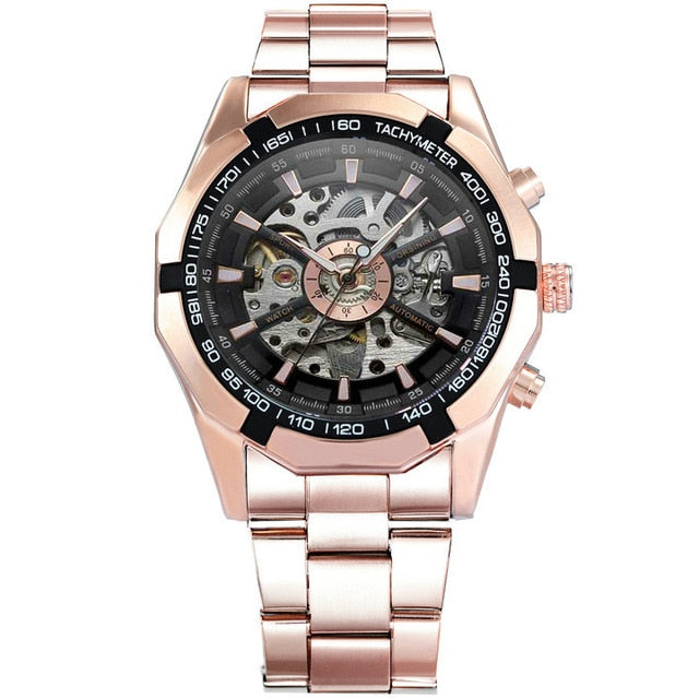 WINNER Official Classic Business Auto Mechanical Watch Men Stainless Steel Strap Golden Skeleton Mens Watches Top Brand Luxury