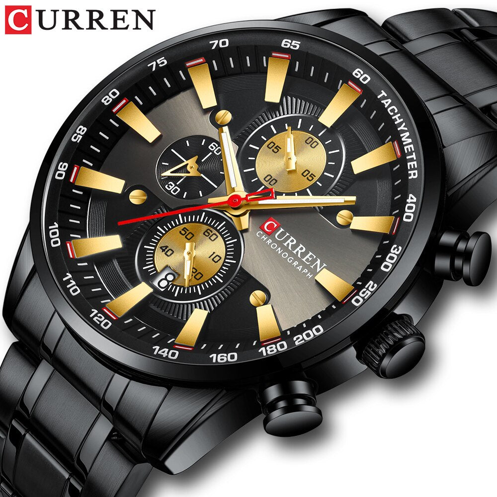 CURREN Black Gold Watch for Men Fashion Quartz Sports Wristwatch Chronograph Clock Date Watches Stainless Steel Male Watch