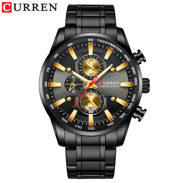 CURREN Black Gold Watch for Men Fashion Quartz Sports Wristwatch Chronograph Clock Date Watches Stainless Steel Male Watch