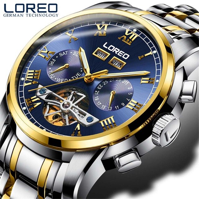 LOREO 50m Diving Tourbillon Mechanical Watch Men Automatic Classic Perpetual Calendar Skeleton Wrist Watches Reloj Hombre 2019