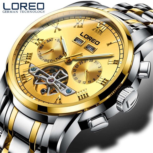 LOREO 50m Diving Tourbillon Mechanical Watch Men Automatic Classic Perpetual Calendar Skeleton Wrist Watches Reloj Hombre 2019