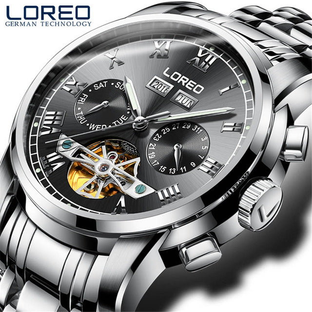 LOREO 50m Diving Tourbillon Mechanical Watch Men Automatic Classic Perpetual Calendar Skeleton Wrist Watches Reloj Hombre 2019