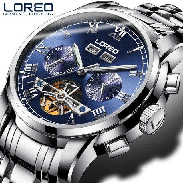 LOREO 50m Diving Tourbillon Mechanical Watch Men Automatic Classic Perpetual Calendar Skeleton Wrist Watches Reloj Hombre 2019