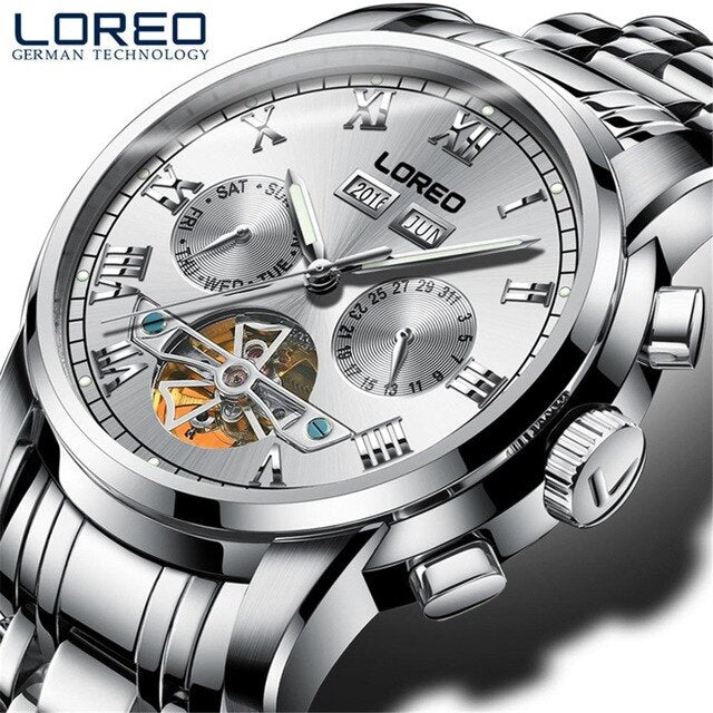 LOREO 50m Diving Tourbillon Mechanical Watch Men Automatic Classic Perpetual Calendar Skeleton Wrist Watches Reloj Hombre 2019