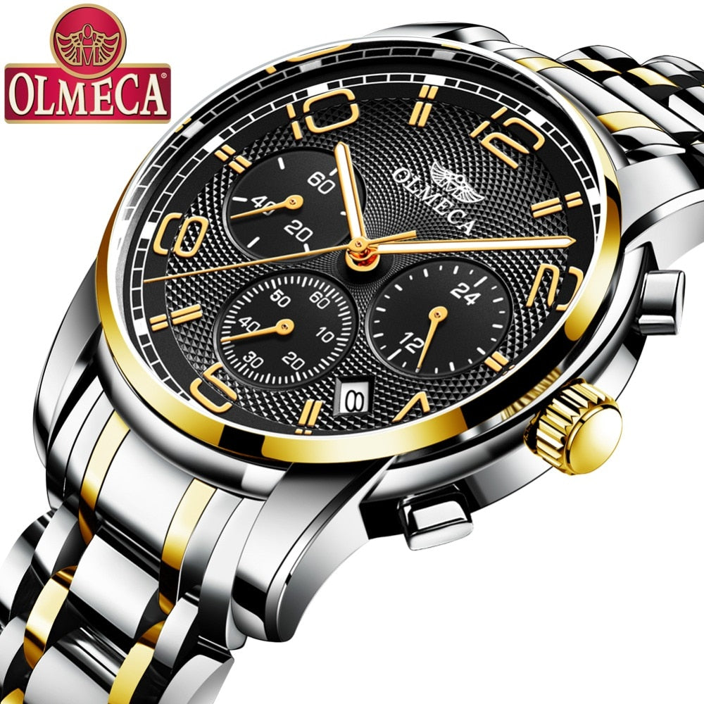 OLMECA Wrist Watches Luxury Relogio Masculino Fashion Men's Watch Stainless Steel Military Watch Saat Black Dial Drop-Shipping