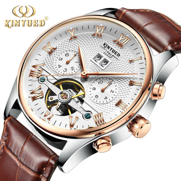 KINYUED Mens Mechanical Watches Waterproof Perpetual Calendar Skeleton Automatic Wrist Watch Men Gold Genuine Leather Male Clock