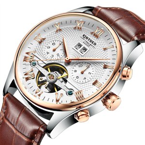 KINYUED Mens Mechanical Watches Waterproof Perpetual Calendar Skeleton Automatic Wrist Watch Men Gold Genuine Leather Male Clock