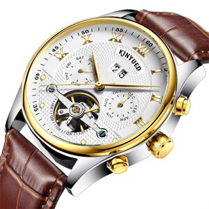 KINYUED Mens Mechanical Watches Waterproof Perpetual Calendar Skeleton Automatic Wrist Watch Men Gold Genuine Leather Male Clock