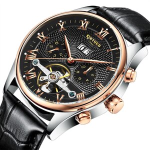 KINYUED Mens Mechanical Watches Waterproof Perpetual Calendar Skeleton Automatic Wrist Watch Men Gold Genuine Leather Male Clock