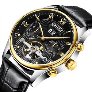 KINYUED Mens Mechanical Watches Waterproof Perpetual Calendar Skeleton Automatic Wrist Watch Men Gold Genuine Leather Male Clock