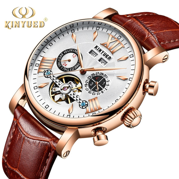 KINYUED Automatic Mechanical Watch Men Tourbillon Perpetual Calendar Skeleton Mens Wrist Watches Gold Business Relogio Masculino