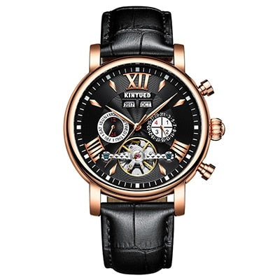 KINYUED Automatic Mechanical Watch Men Tourbillon Perpetual Calendar Skeleton Mens Wrist Watches Gold Business Relogio Masculino