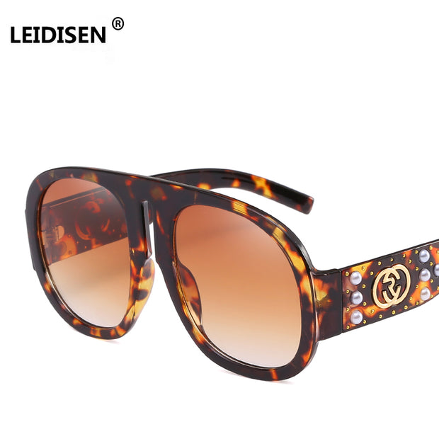 LEIDISEN Big Frame Pearl Rivet Sunglasses Women Brand Designer Vintage Sunglass Fashion Women Glasses Top Quality Oculos UV400