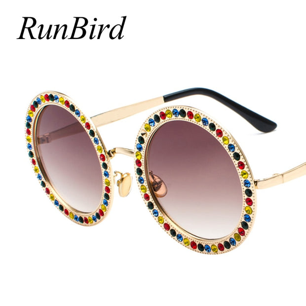 Big Round Sunglasses Women Brand Design Crystal Stone Metal Frame Sunglass Top Quality Retro Summer Sun glasses UV400 5204R